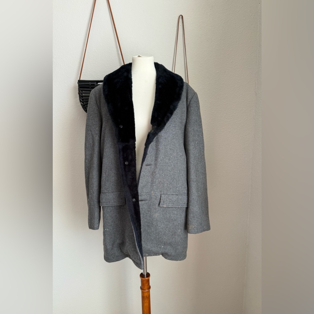 Vintage 1960s Cresco Grey Faux Fur Lining Heavy Wool Coat, Size 40